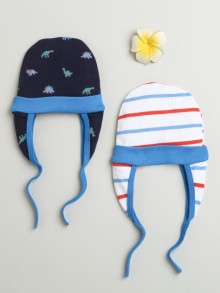 BUMZEE Navy & White Baby Boys Ear Flap Tying Cap Pack Of 2