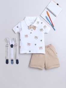 BUMZEE White & Brown Boys Half Sleeves T-shirt & Short Set With Bow Suspender