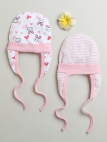 BUMZEE Baby Pink & White Baby Girls Ear Flap Tying Cap Pack Of 2