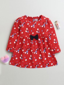 BUMZEE Red Girls Full Sleeves Cotton Knee Length Casual Frock