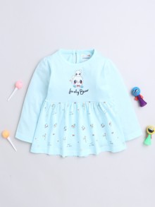 BUMZEE Powder Blue Girls Full Sleeves Cotton Knee Length Casual Frock