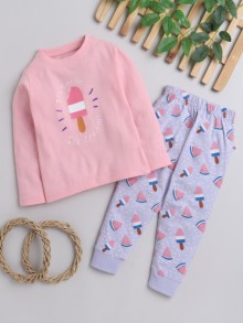 BUMZEE Pink & Lavender Girls Full Sleeves T-Shirt & Pyjama Set