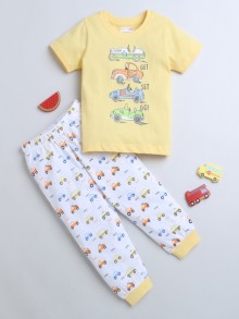 BUMZEE White & Yellow Boys Half Sleeves T-Shirt & Pyjama Set