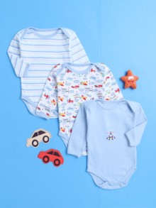 BUMZEE Sky Blue & White Baby Boys Full Sleeves Cotton Bodysuit - Onesies Pack Of 3