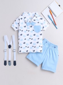 BUMZEE Sky Blue & White Boys Half Sleeves T-shirt & Short Set With Bow Suspender