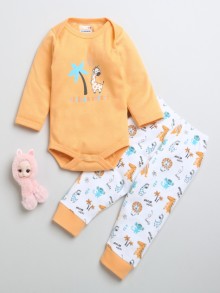 BUMZEE White & Orange Boys Full Sleeves Cotton Bodysuit & Pyjama Set