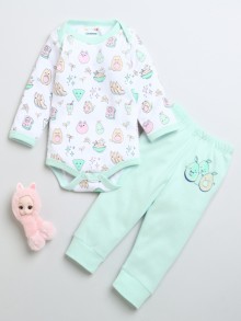 BUMZEE Mint & White Girls Full Sleeves Cotton Bodysuit & Pyjama Set