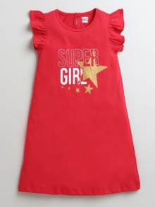 BUMZEE Red Girls Frill Sleeves Cotton Nighty