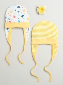 BUMZEE White & Yellow Baby Girls Ear Flap Tying Cap Pack Of 2