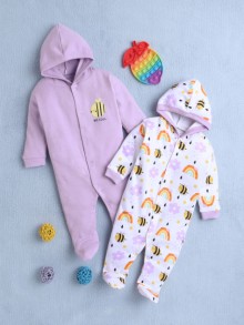 BUMZEE Lavender & White Baby Girls Full Sleeves Sleepsuit With Hood Pack Of 2