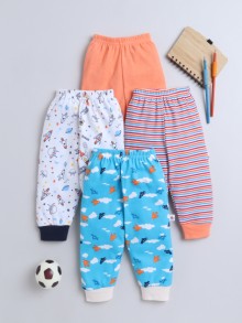 BUMZEE Blue & Orange Full Length Boys Cotton Pyjamas Pack Of 4