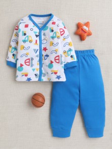 BUMZEE Blue & White Baby Boys Full Sleeves Jabla & Pyjama Set