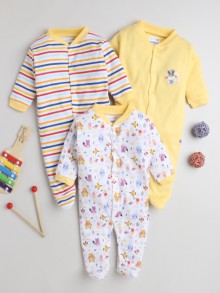 BUMZEE Yellow & Multi Baby Girls Full Sleeves Sleepsuit Pack Of 3