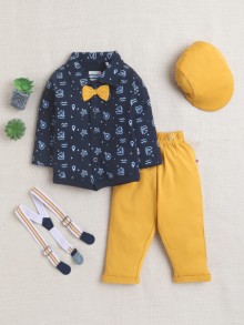 BUMZEE Navy & Mustard Boys Full Sleeves Shirt Pant Set With Suspender & Cap