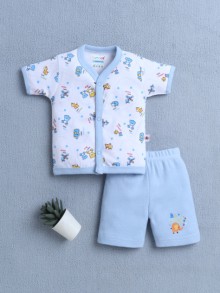 BUMZEE Sky Blue & White Baby Boys Half Sleeves Jabla & Short Set