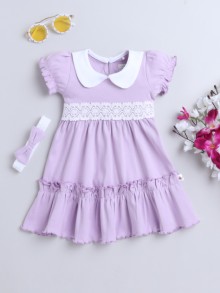 BUMZEE Lavender Girls Half Sleeves Cotton Frock With Headband