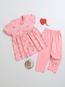 BUMZEE Pink Girls Cap Sleeves Cotton Frock & Legging Set