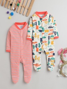 BUMZEE Cream & Coral Baby Boys Full Sleeves Sleepsuit Pack Of 2