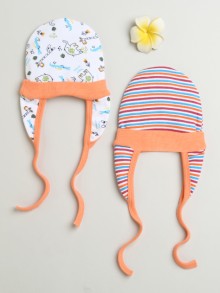 BUMZEE Orange & Multi Baby Boys Ear Flap Tying Cap Pack Of 2