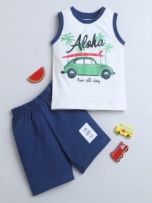 BUMZEE Navy & White Boys Sleeveless T-Shirt & Short Set