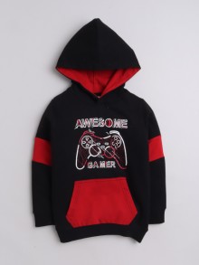 BUMZEE Black Boys Full Sleeves Cotton Hooded Sweatshirt