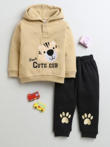 BUMZEE Beige & Black Boys Full Sleeves Fleece Winter Wear Set