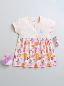 BUMZEE Peach Girls Cap Sleeves Cotton Knee Length Casual Frock