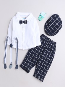 BUMZEE Navy & White Boys Full Sleeves Shirt Pant Set With Suspender & Cap