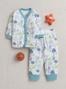 BUMZEE White & Dusty Blue Baby Boys Full Sleeves Jabla & Pyjama Set