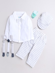 BUMZEE Grey & White Boys Full Sleeves Shirt Pant Set With Suspender & Cap