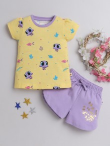 BUMZEE Yellow & Lavender Girls Half Sleeves T-Shirt & Short Set
