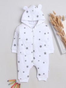 BUMZEE White & Grey Boys Full Sleeves Trendy Padded Sleepsuit With Hood