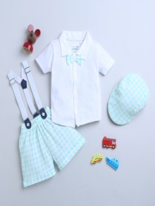 BUMZEE Green & White Boys Half Sleeves Shirt & Short Set With Bow Suspender & Cap