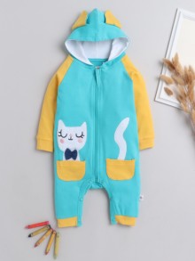 BUMZEE Turquoise Girls Full Sleeves Trendy Sleepsuit With Hood