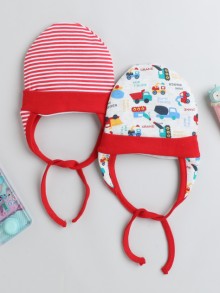 BUMZEE Red & White Baby Boys Ear Flap Tying Cap Pack Of 2