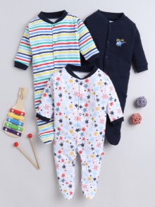 BUMZEE Navy & Multi Baby Boys Full Sleeves Sleepsuit Pack Of 3