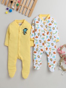 BUMZEE White & Yellow Baby Boys Full Sleeves Sleepsuit Pack Of 2