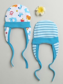 BUMZEE Blue & White Baby Boys Ear Flap Tying Cap Pack Of 2