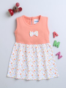 BUMZEE Orange & Cream Girls Sleeveless Frock