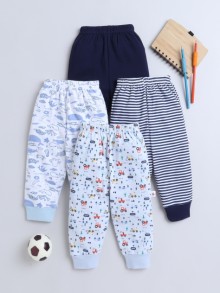 BUMZEE Navy & Sky Blue Full Length Boys Cotton Pyjamas Pack Of 4