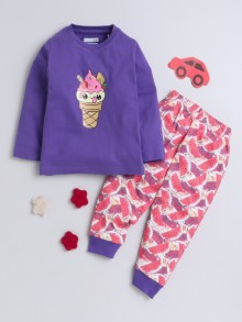 BUMZEE Purple & Red Girls Full Sleeves T-Shirt & Pyjama Set