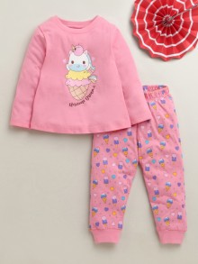 BUMZEE Pink Girls Full Sleeves Cotton T-Shirt & Pyjama Set