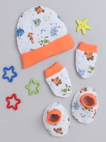 BUMZEE White & Orange Girls Cotton Cap Mitten Bootie Set