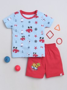 BUMZEE Sky Blue & Red Boys Half Sleeves T-Shirt & Short Set