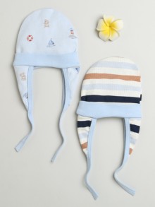 BUMZEE Sky Blue & Cream Baby Boys Ear Flap Tying Cap Pack Of 2