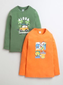 BUMZEE Green & Orange Boys Full Sleeves T-Shirts Pack Of 2