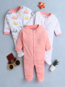 BUMZEE Peach & White Baby Girls Full Sleeves Sleepsuit Pack Of 3