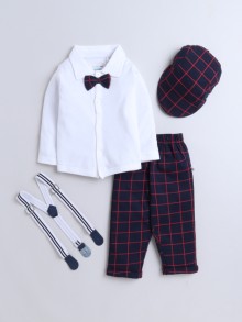 BUMZEE Navy & White Boys Full Sleeves Shirt Pant Set With Suspender & Cap