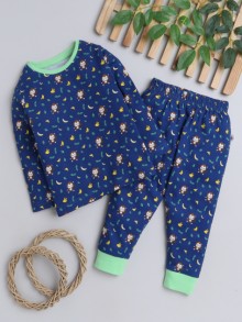 BUMZEE Navy & Green Boys Full Sleeves T-Shirt & Pyjama Set