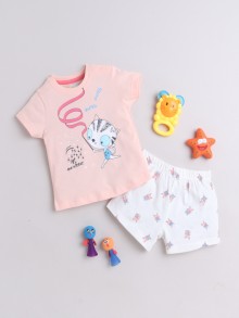 BUMZEE Peach & White Girls Half Sleeves T-Shirt & Short Set